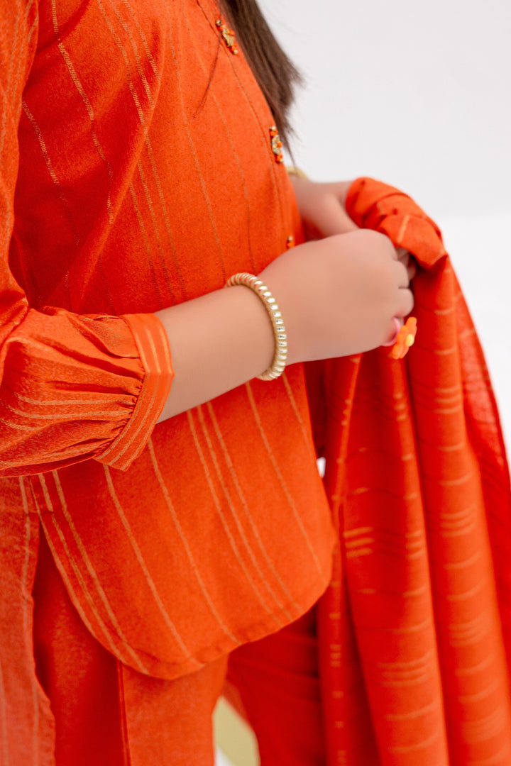 Senorita Kids RTW Orange and Gold Casual 3 Piece Suit Karandi  KAD-02437 - WInter Collection