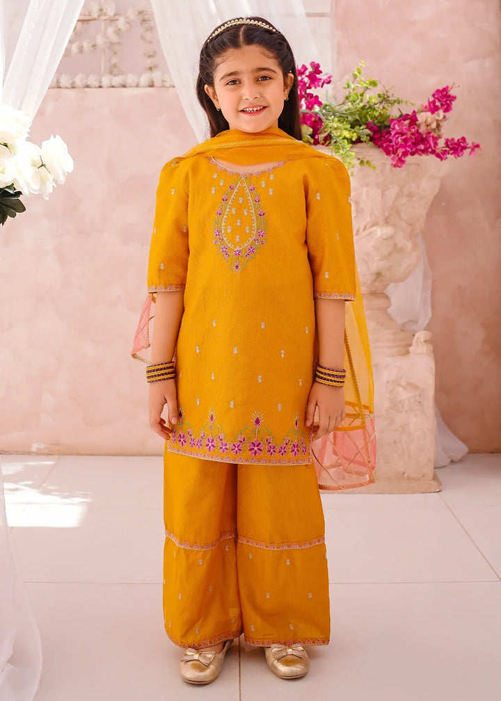 Modest Girls RTW Embroidered Cotton 3 Piece Suit Mustard Festive Collection
