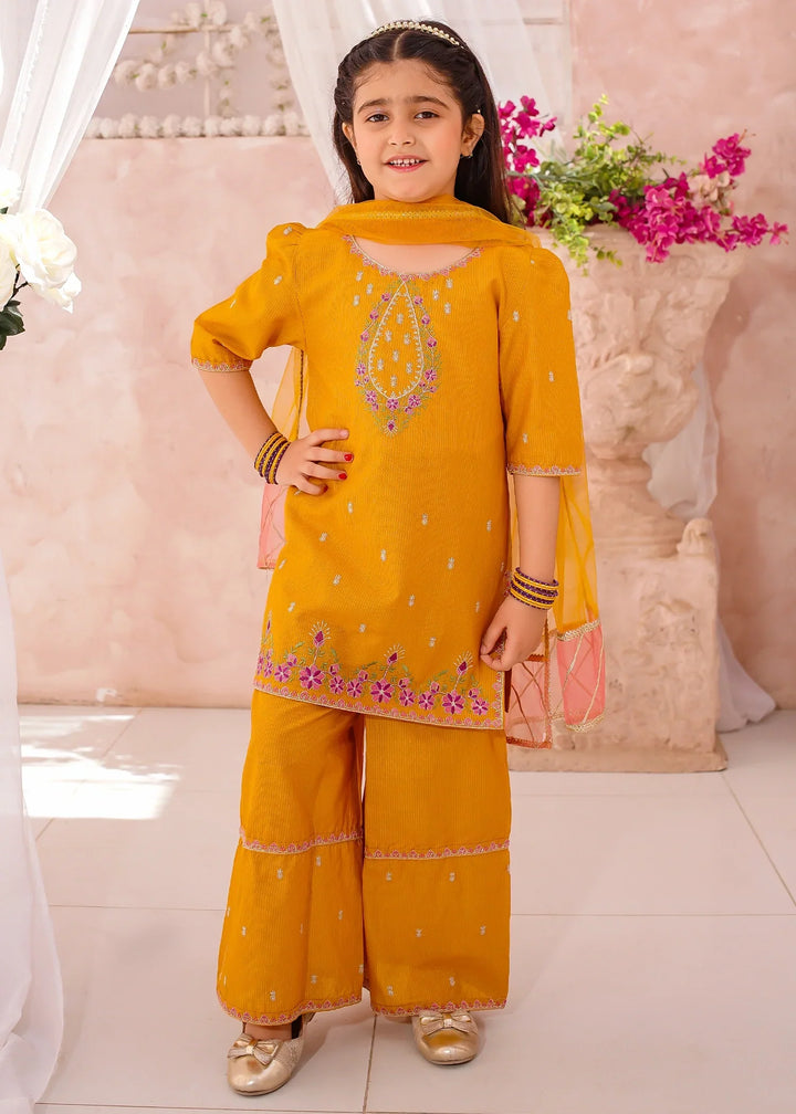 Modest Girls RTW Embroidered Cotton 3 Piece Suit Mustard Festive Collection