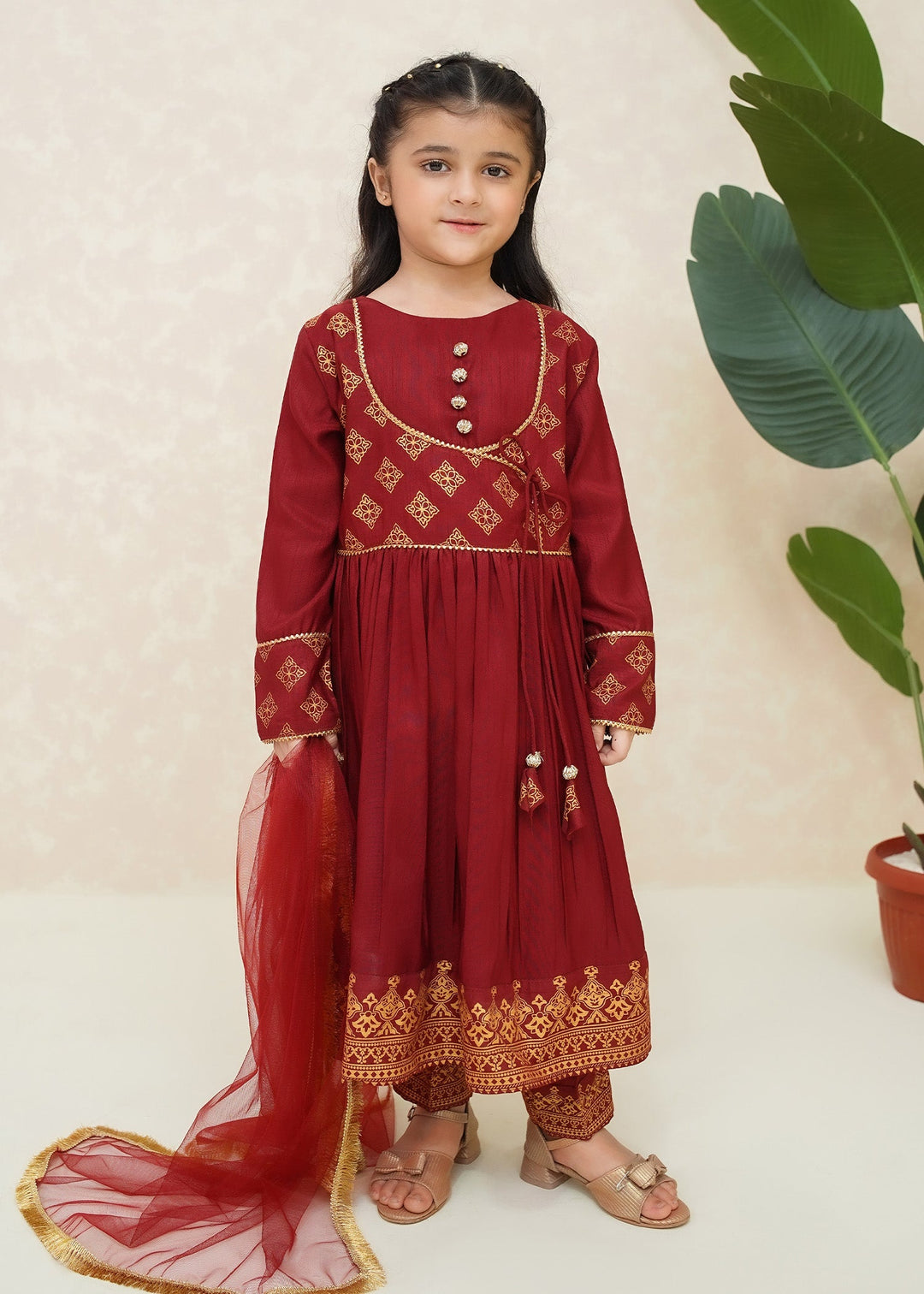 Modest Girls RTW Printed Silk 3 Piece Suit Maroon Wedding Collection