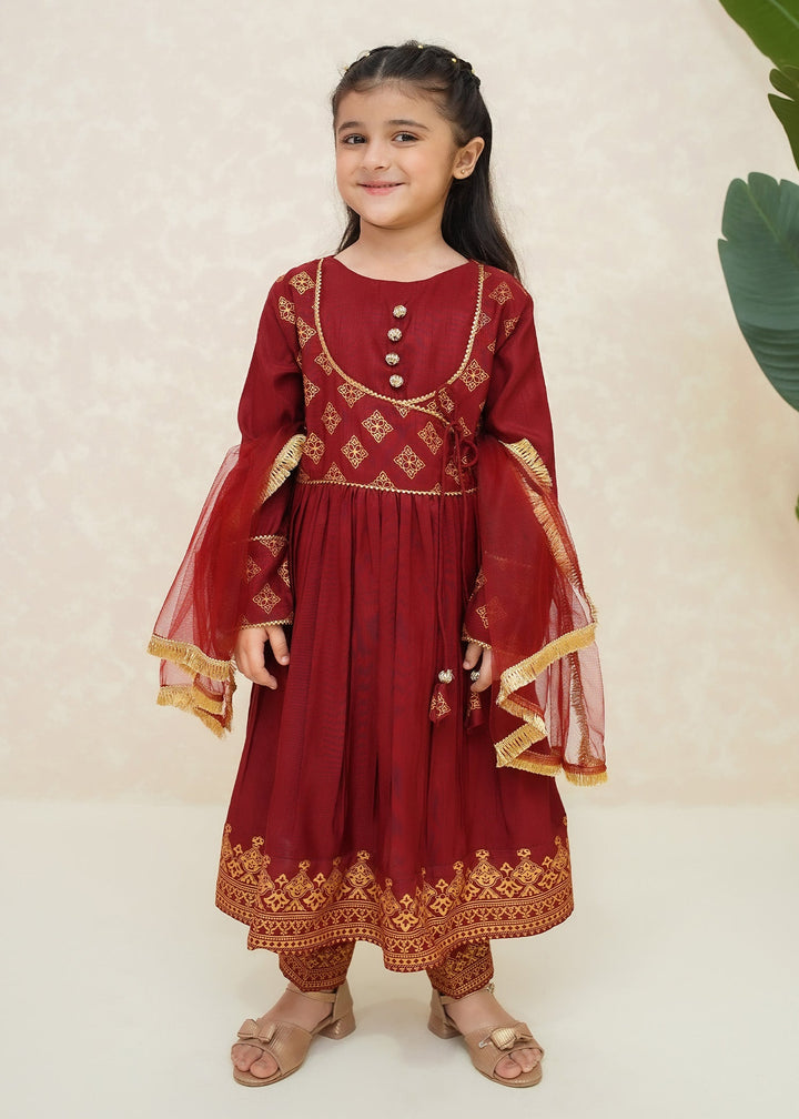 Modest Girls RTW Printed Silk 3 Piece Suit Maroon Wedding Collection