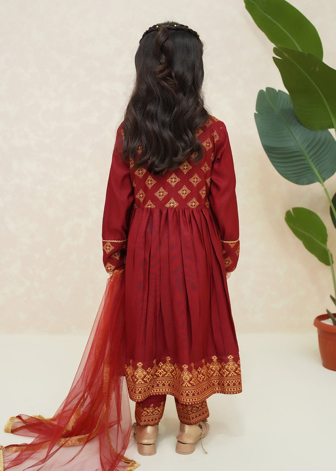 Modest Girls RTW Printed Silk 3 Piece Suit Maroon Wedding Collection