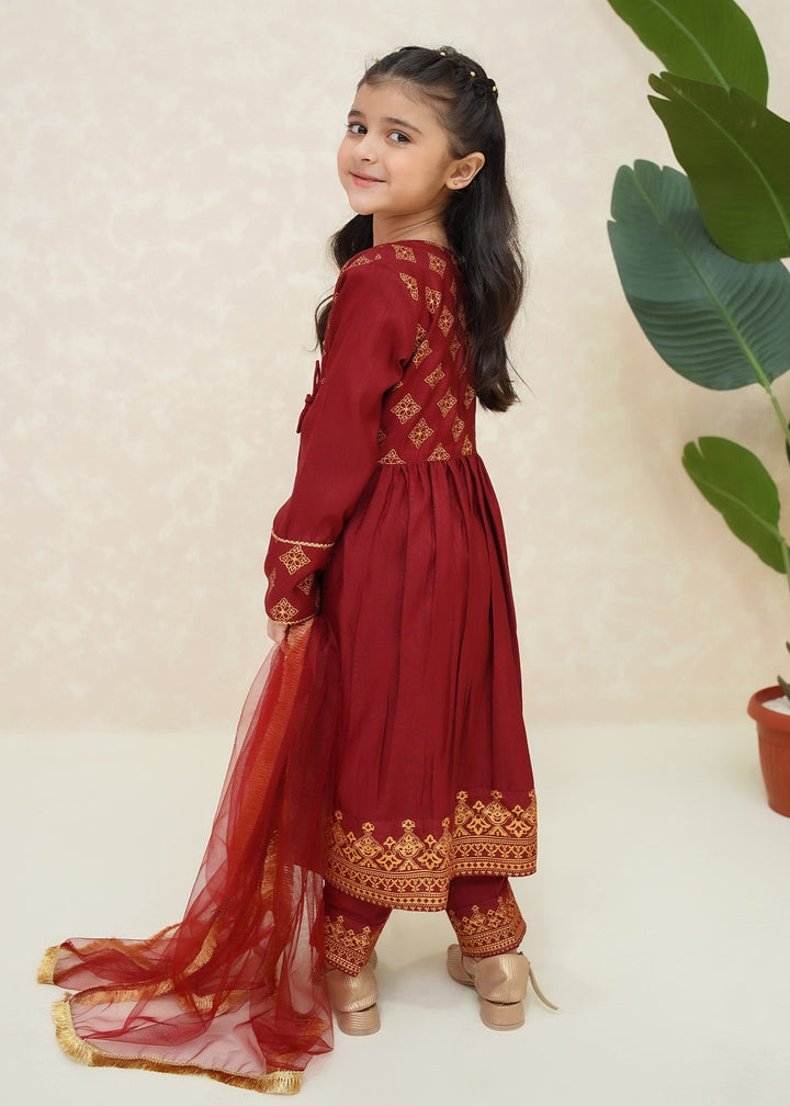 Modest Girls RTW Printed Silk 3 Piece Suit Maroon Wedding Collection