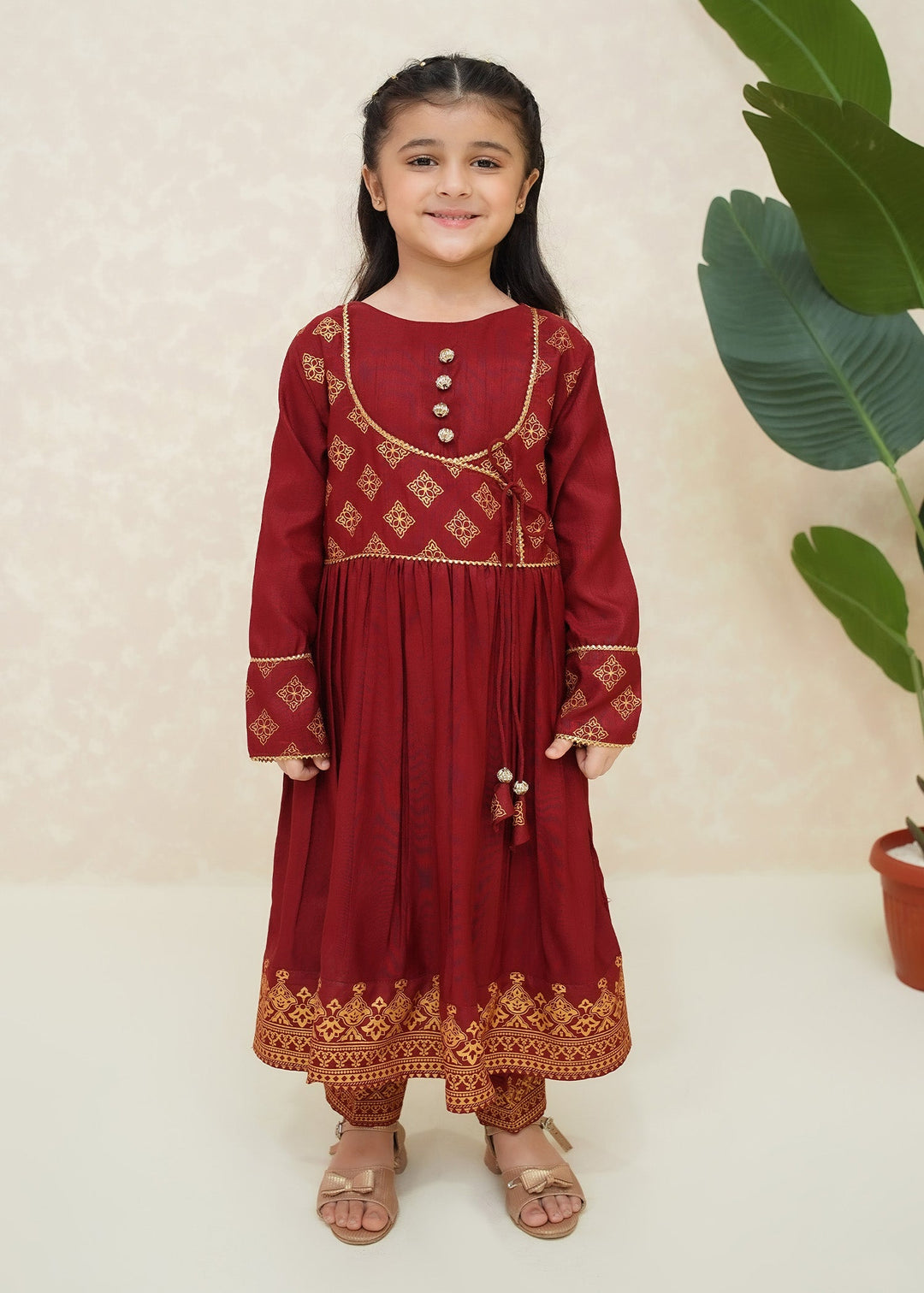 Modest Girls RTW Printed Silk 3 Piece Suit Maroon Wedding Collection