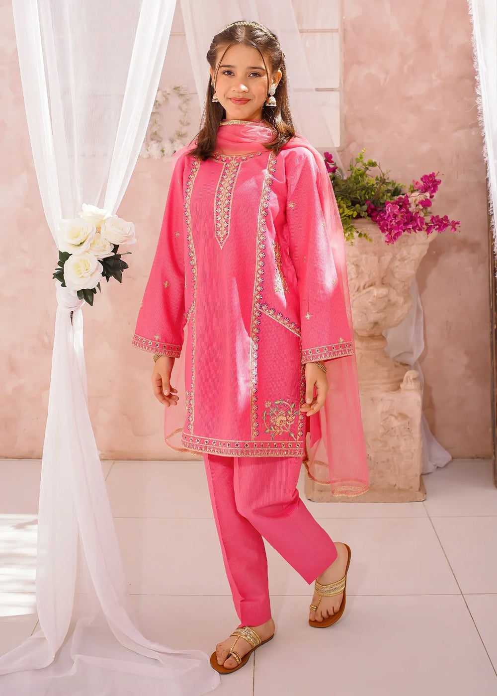 Modest Girls RTW Embroidered Cotton 3 Piece Suit Pink Festive Collection