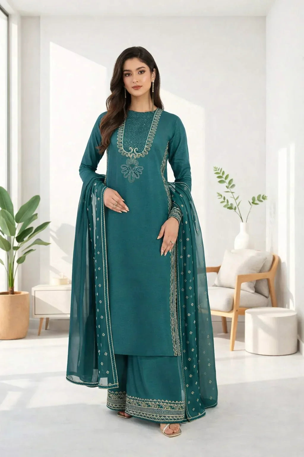 Silk Atelier by Jamni RTW Embroidered Korean Silk 3 Piece Suit OCEANETTE Festive Collection