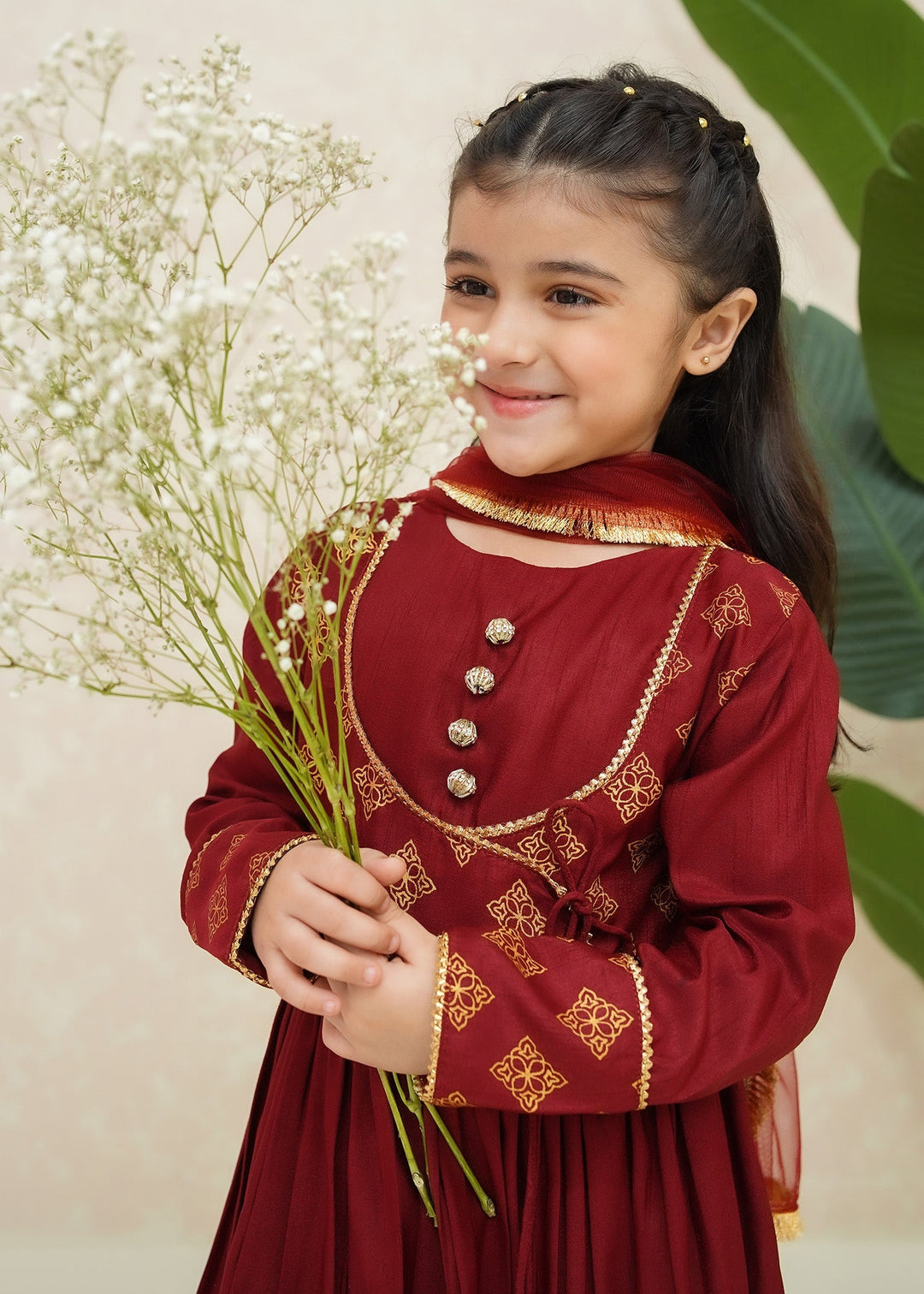 Modest Girls RTW Printed Silk 3 Piece Suit Maroon Wedding Collection
