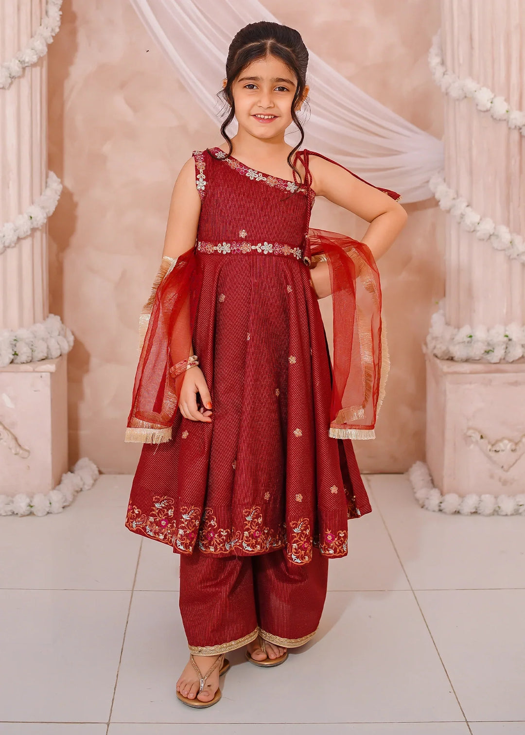 Modest Girls RTW Embroidered Mesuri 3 Piece Suit Red Festive Collection