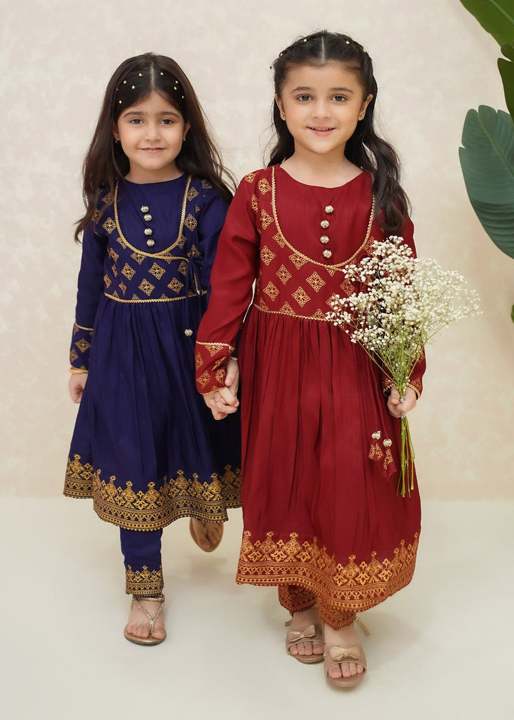 Modest Girls RTW Printed Silk 3 Piece Suit Maroon Wedding Collection