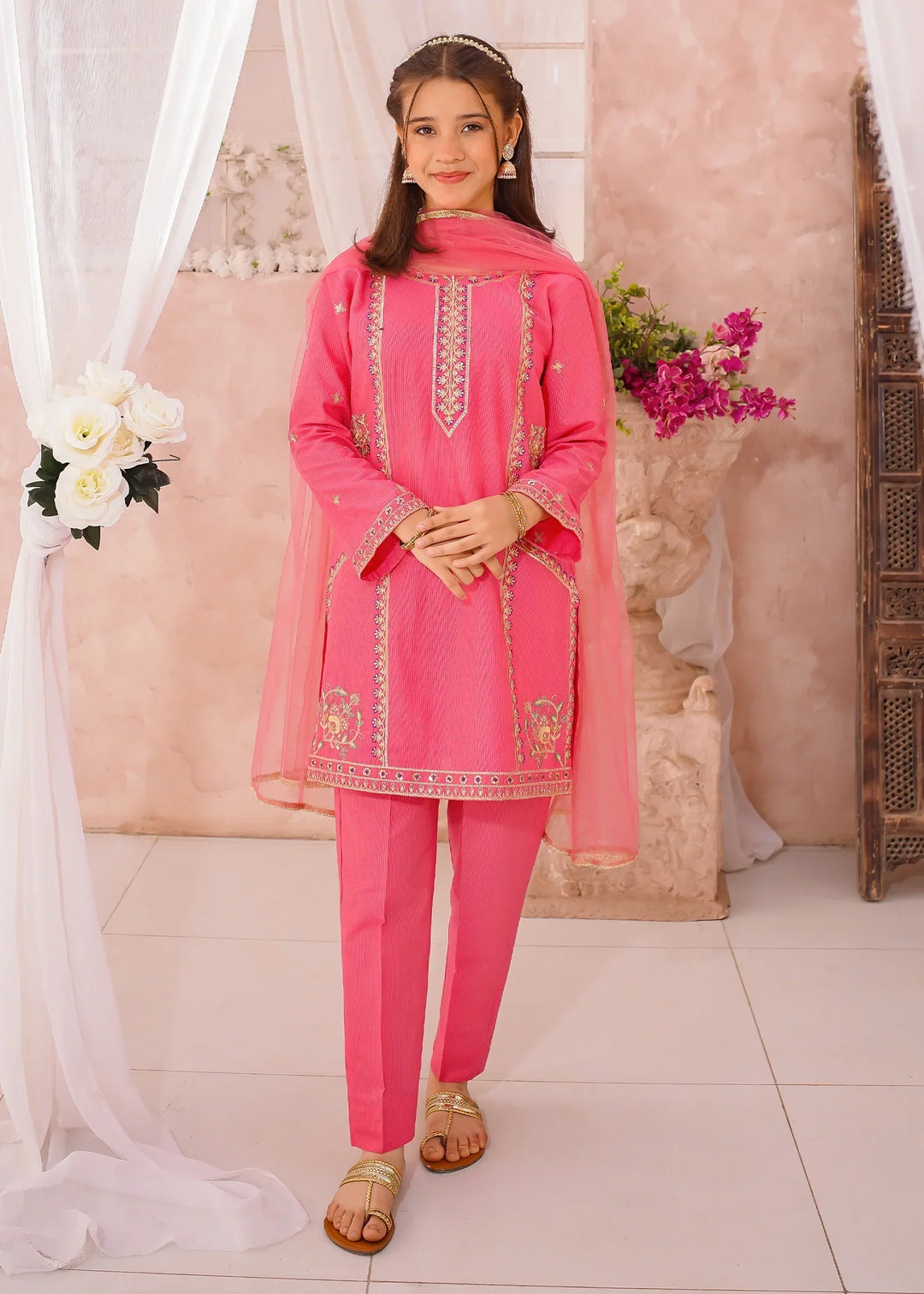 Modest Girls RTW Embroidered Cotton 3 Piece Suit Pink Festive Collection