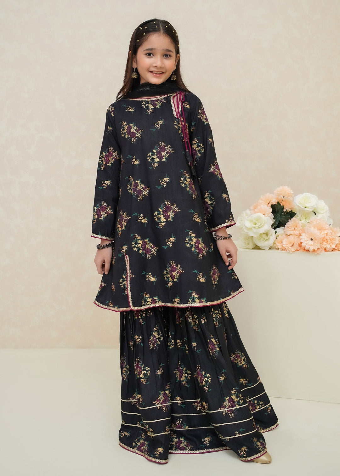 Modest Girls RTW Printed Silk 3 Piece Suit Black Wedding Collection