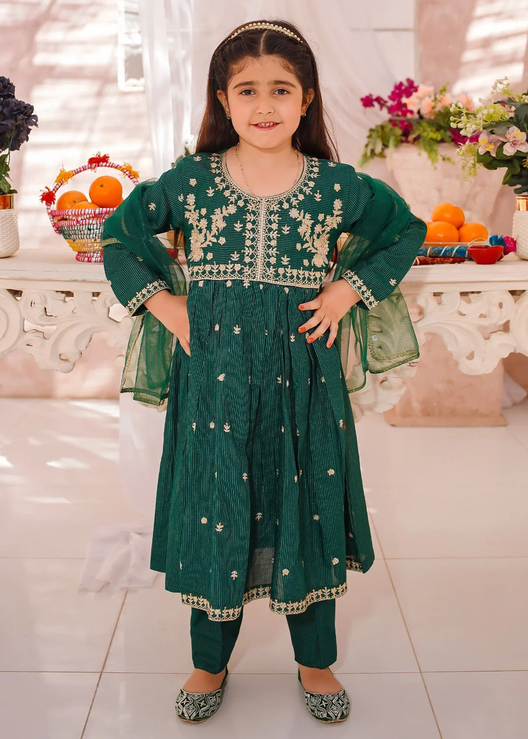 Modest Girls RTW Embroidered Cotton 3 Piece Suit Green Festive Collection