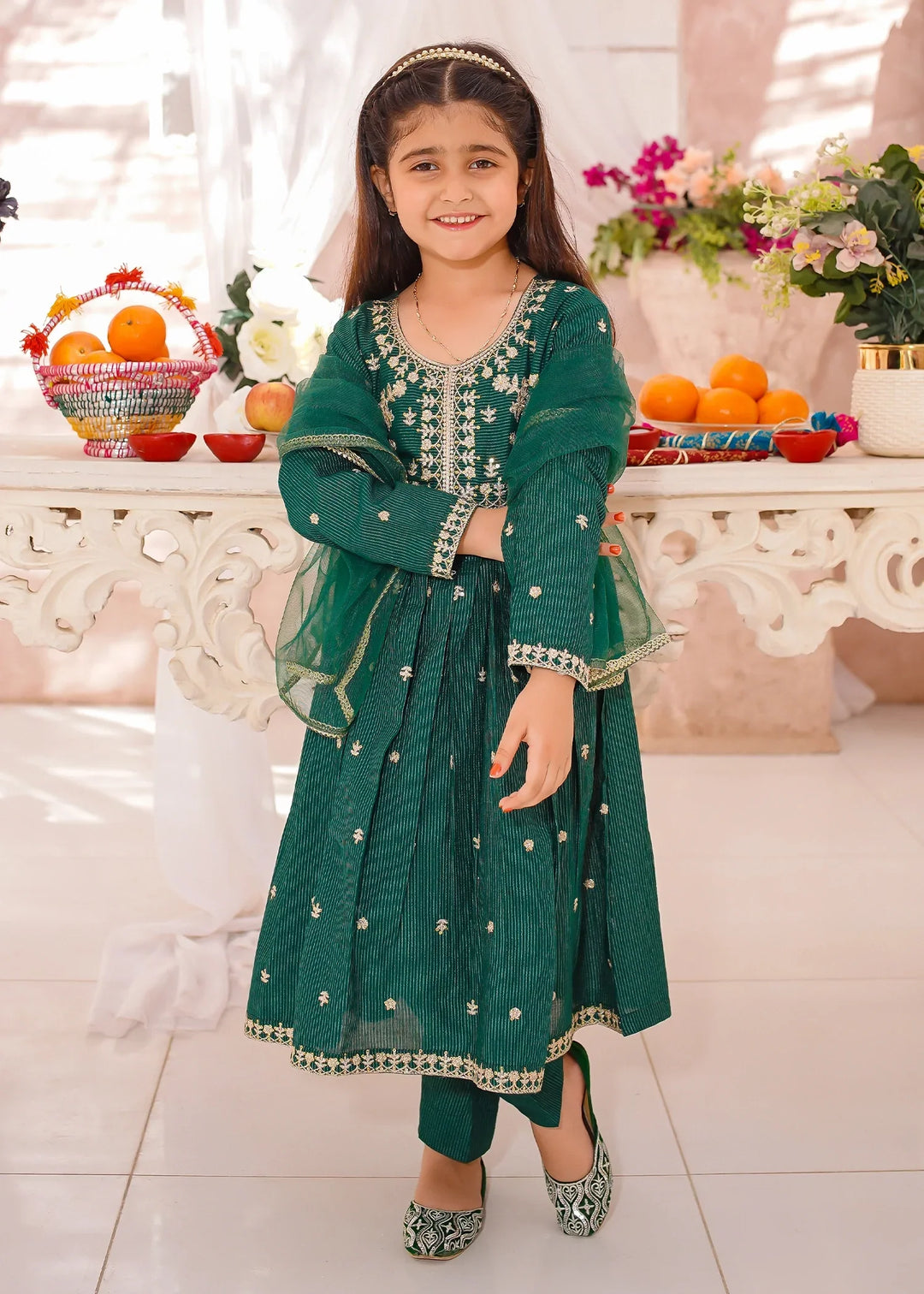 Modest Girls RTW Embroidered Cotton 3 Piece Suit Green Festive Collection