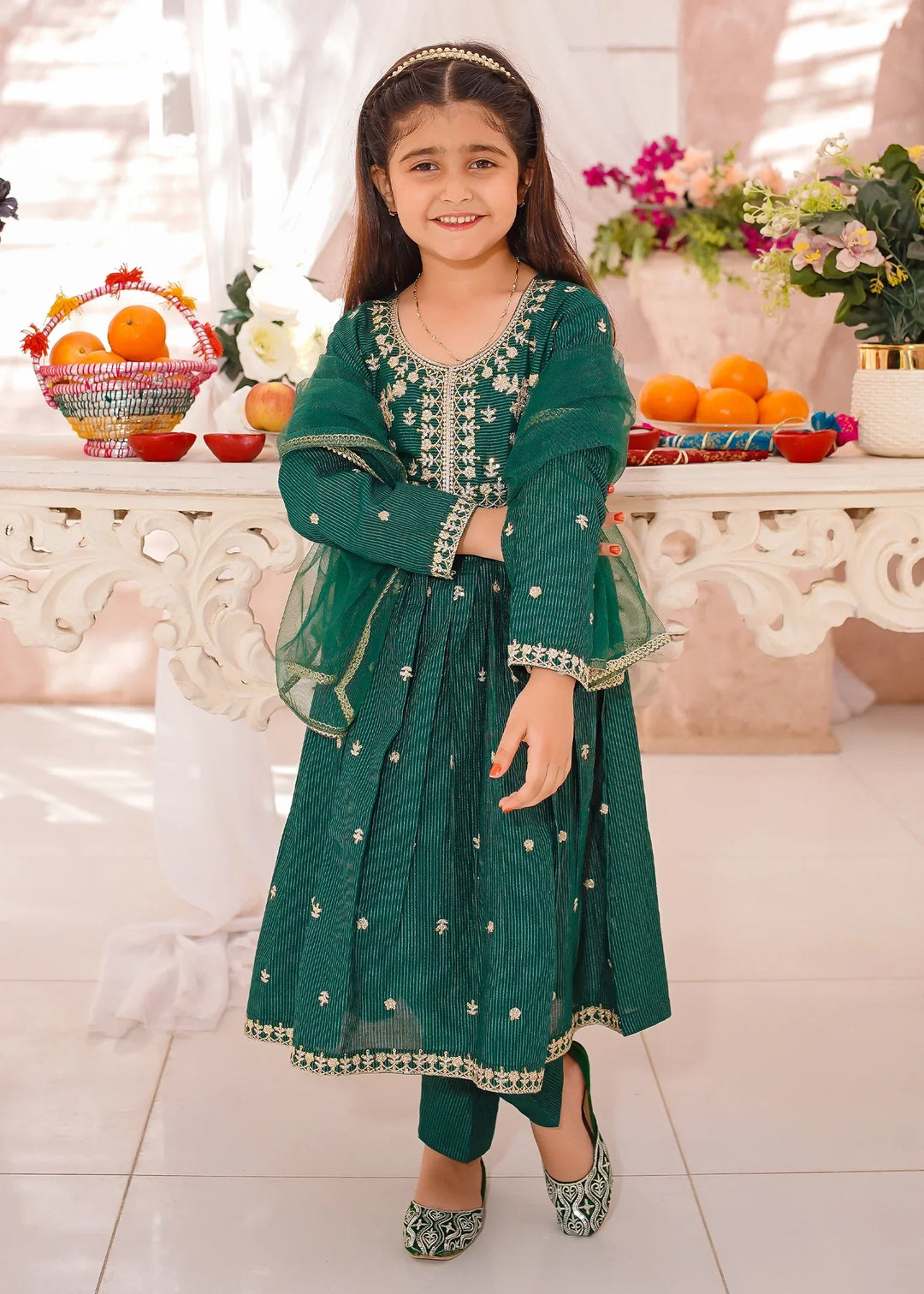 Modest Girls RTW Embroidered Cotton 3 Piece Suit Green Festive Collection