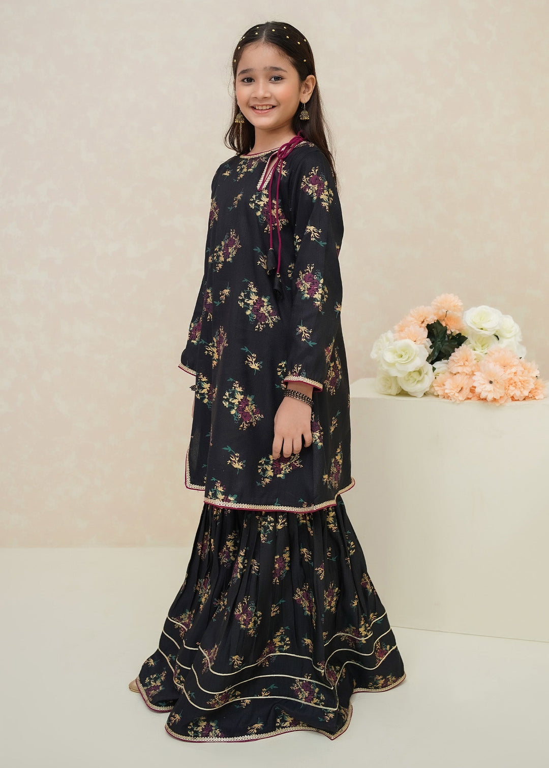 Modest Girls RTW Printed Silk 3 Piece Suit Black Wedding Collection