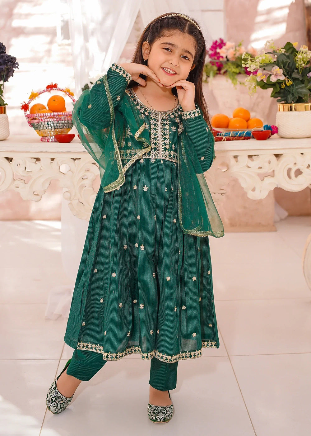 Modest Girls RTW Embroidered Cotton 3 Piece Suit Green Festive Collection