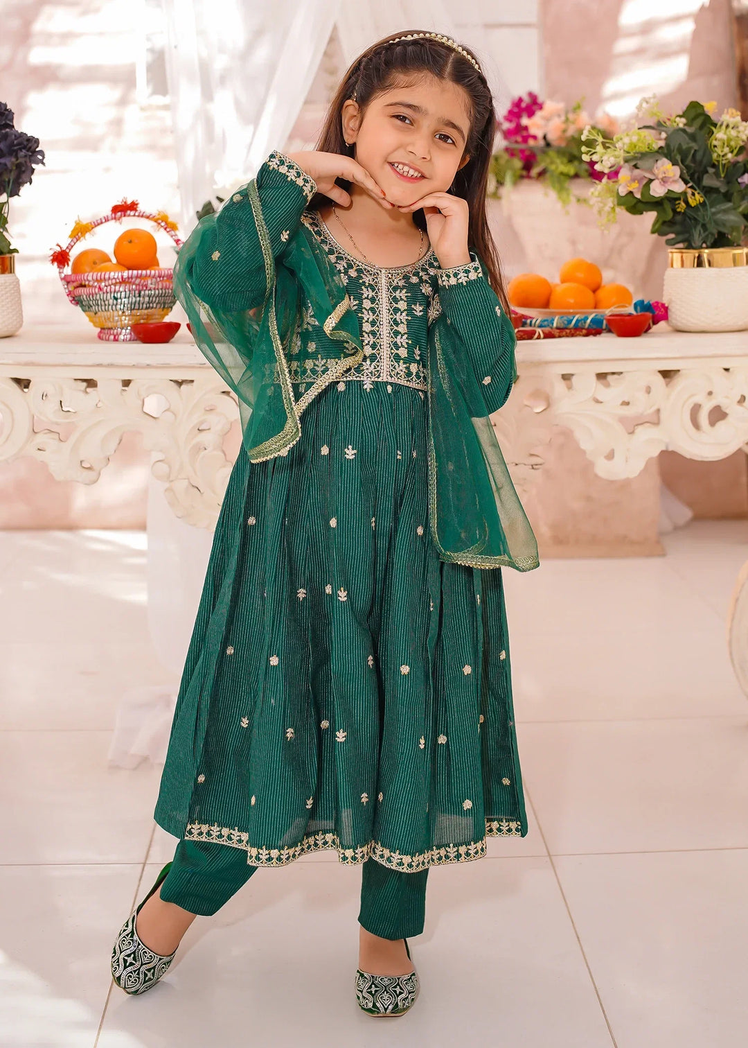 Modest Girls RTW Embroidered Cotton 3 Piece Suit Green Festive Collection