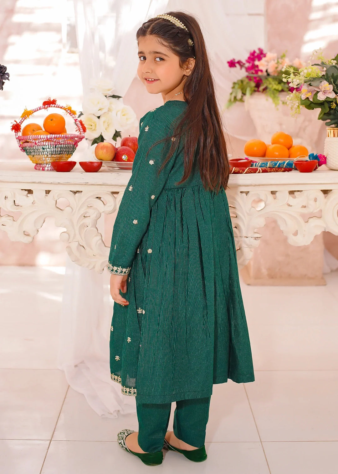 Modest Girls RTW Embroidered Cotton 3 Piece Suit Green Festive Collection