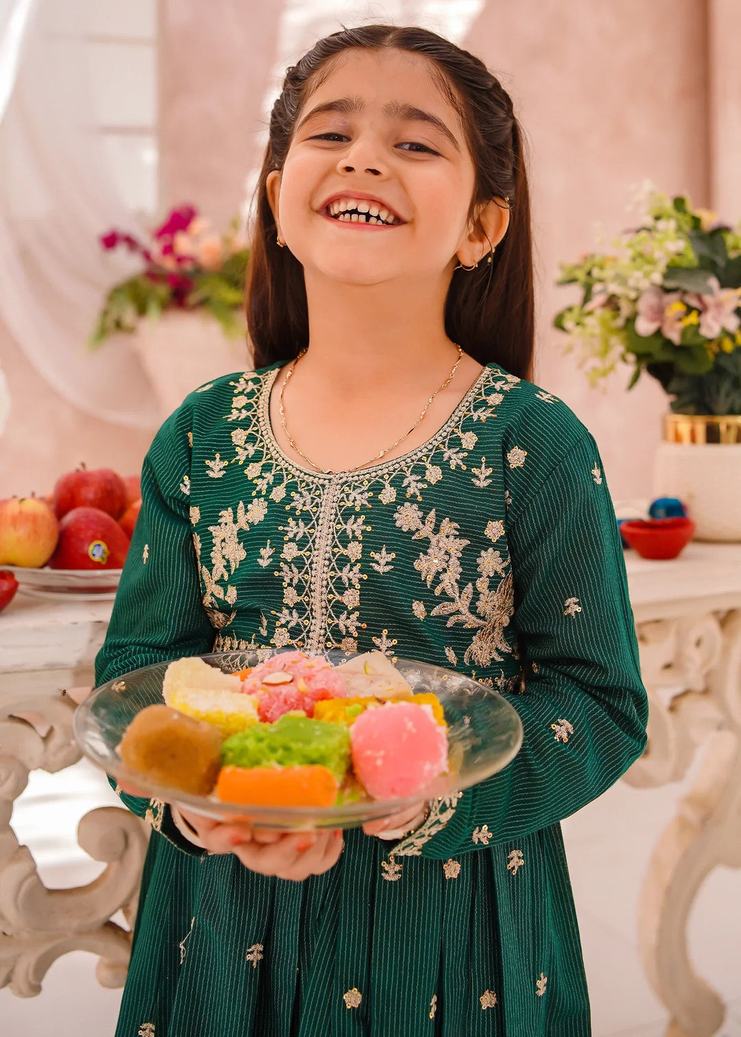 Modest Girls RTW Embroidered Cotton 3 Piece Suit Green Festive Collection