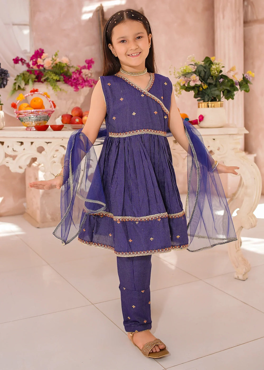 Modest Girls RTW Embroidered Cotton 3 Piece Suit Navy Blue Festive Collection