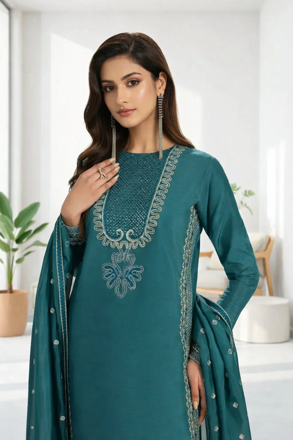 Silk Atelier by Jamni RTW Embroidered Korean Silk 3 Piece Suit OCEANETTE Festive Collection