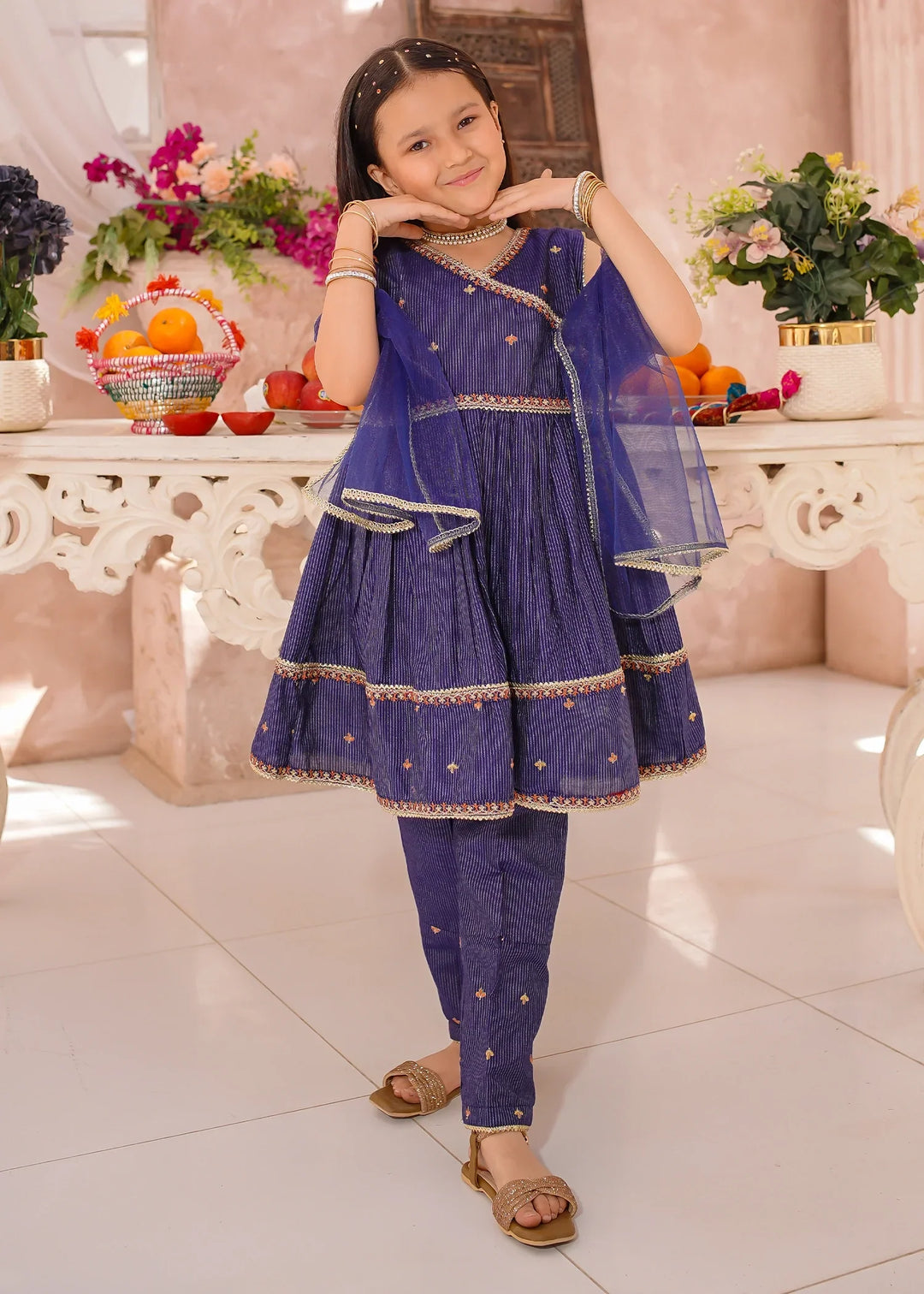 Modest Girls RTW Embroidered Cotton 3 Piece Suit Navy Blue Festive Collection