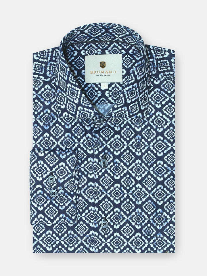 Brumano Ready To Wear Shirts Men 1 Piece Cotton Navy Blue & White Motif Printed Shirt 0-32-024-3182 - Summer Collection