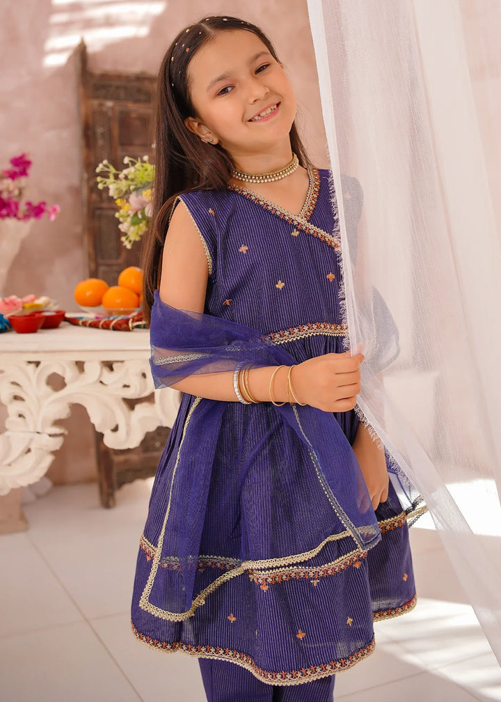 Modest Girls RTW Embroidered Cotton 3 Piece Suit Navy Blue Festive Collection