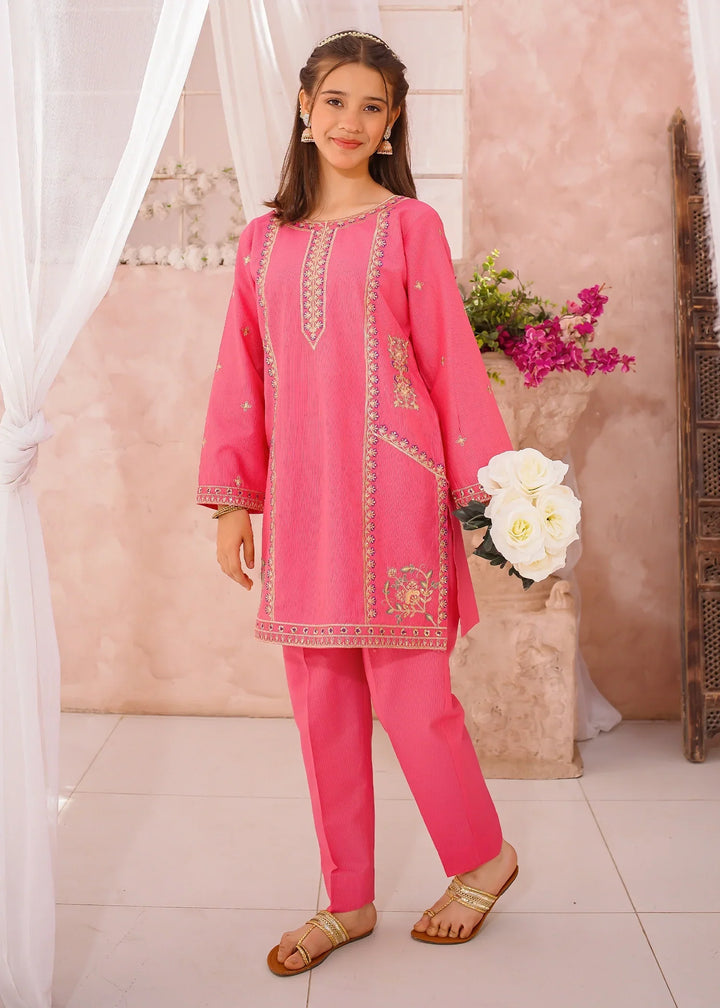 Modest Girls RTW Embroidered Cotton 3 Piece Suit Pink Festive Collection