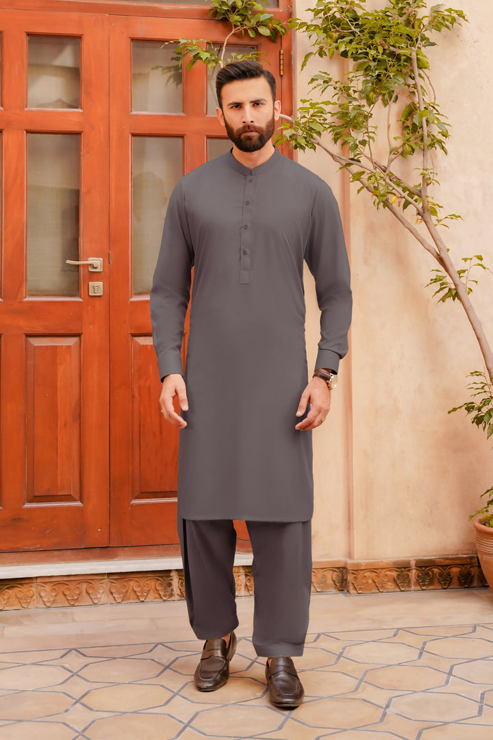 Misaal by Divinely Crafted Solids Shalwar Kameez For Men Taupe Grey Blended SK400-0725-TG - Summer Collection
