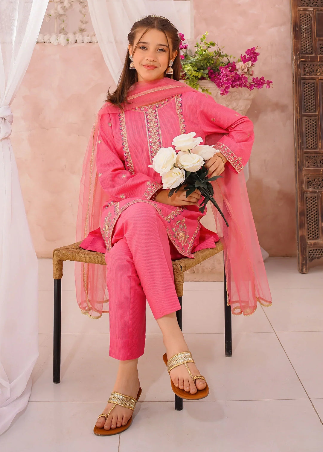 Modest Girls RTW Embroidered Cotton 3 Piece Suit Pink Festive Collection
