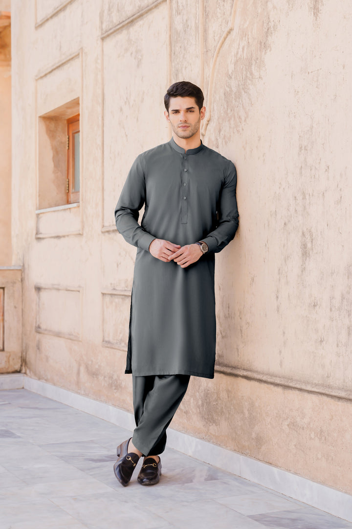 Misaal by Divinely Crafted Solids Shalwar Kameez For Men Dusk Grey Blended SK295-0725-DG - Summer Collection