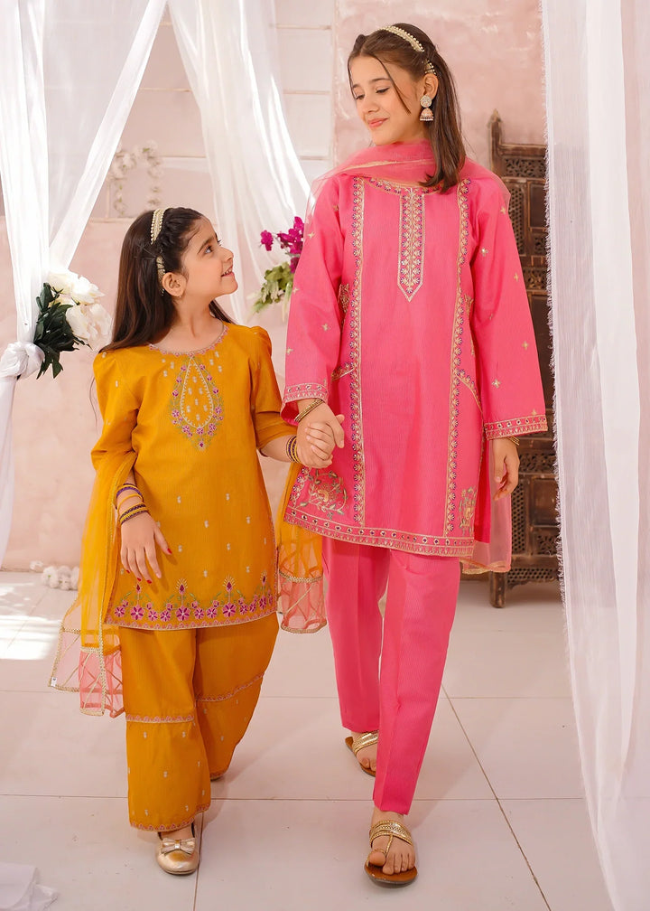 Modest Girls RTW Embroidered Cotton 3 Piece Suit Pink Festive Collection