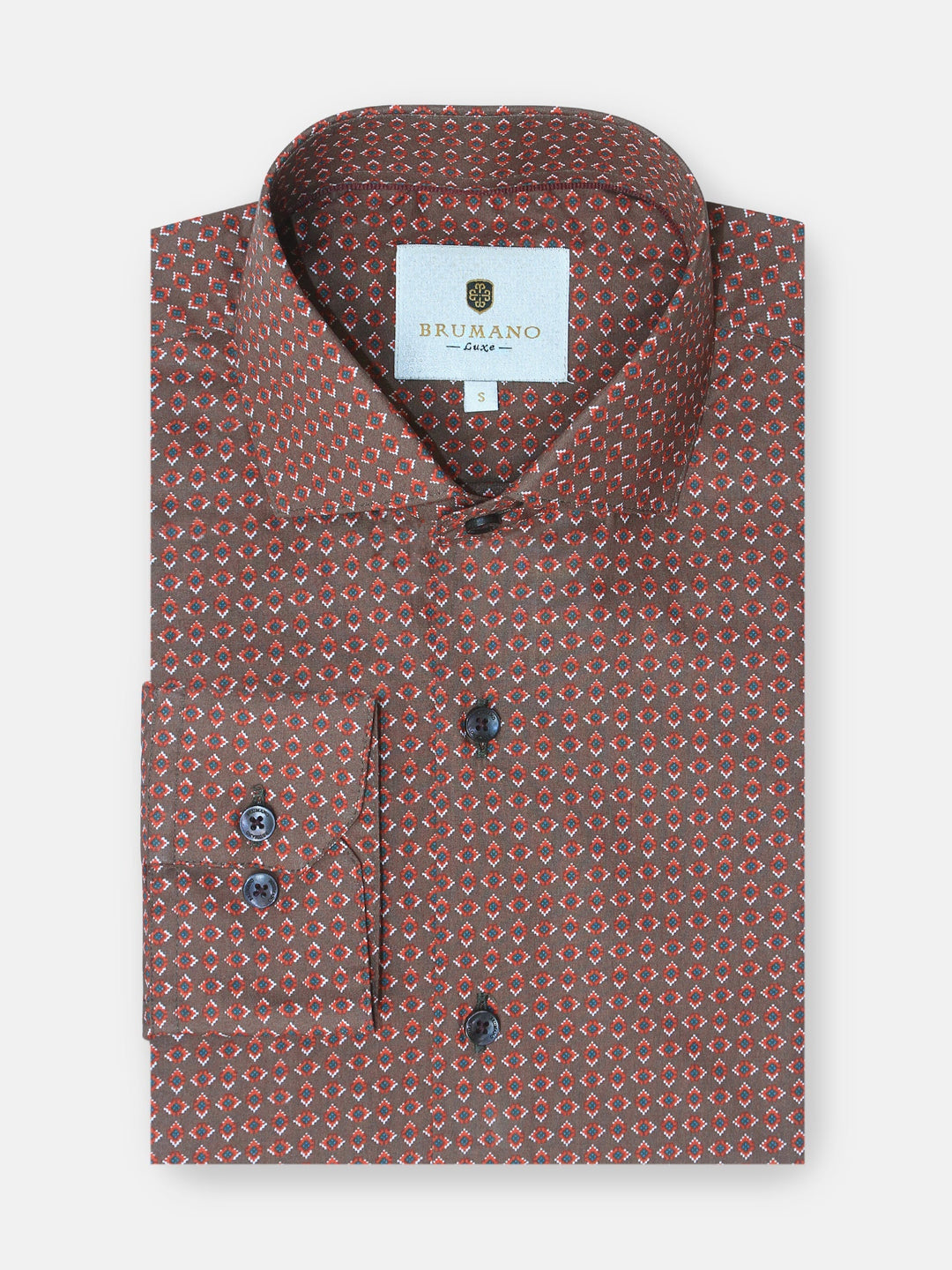 Brumano Ready To Wear Shirts Men 1 Piece Cotton Brown & Red Geometric Printed Shirt 0-32-024-3304 - Summer Collection