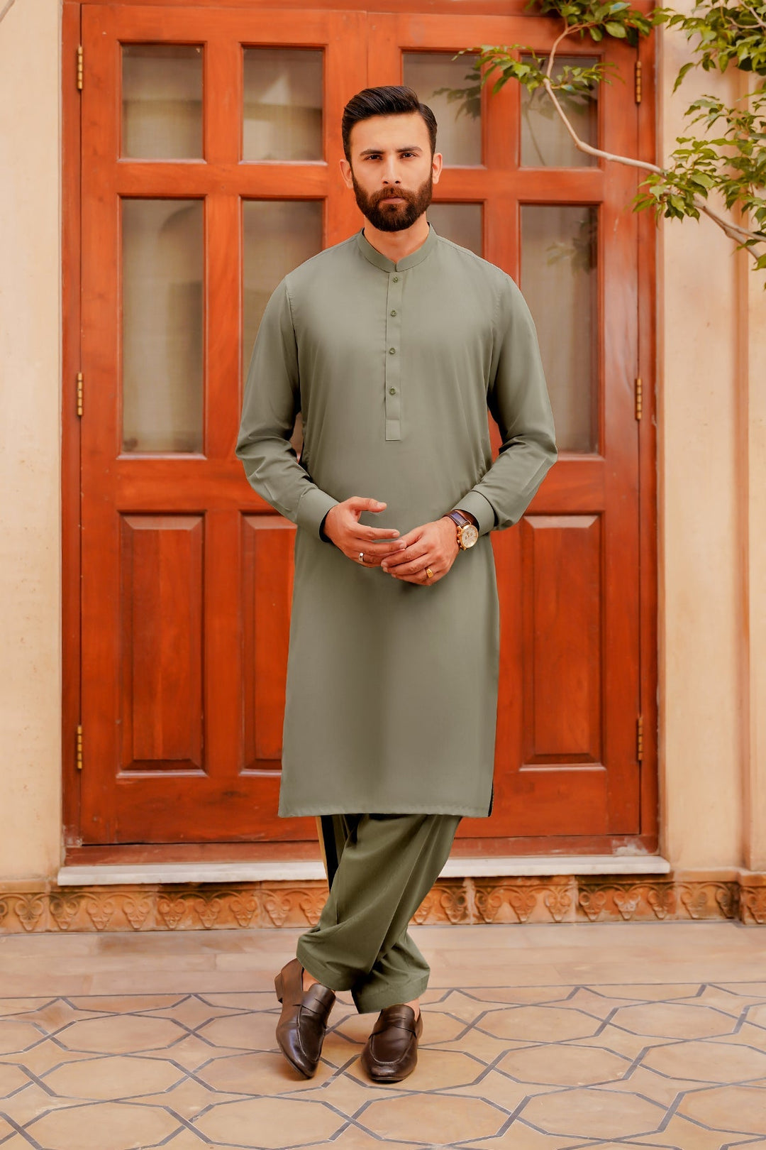 Misaal by Divinely Crafted Solids Shalwar Kameez For Men Sage Green Blended SK400-0725-SG - Summer Collection