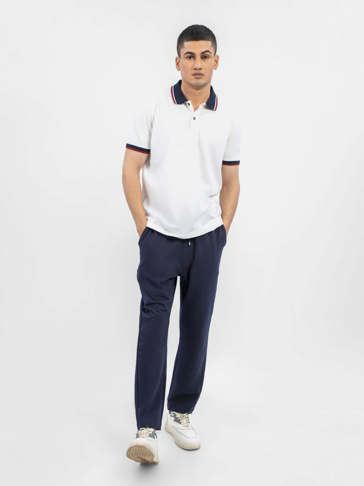 Brumano  Solids Cotton Polo White Pique Polo With Contrasting Navy Collar