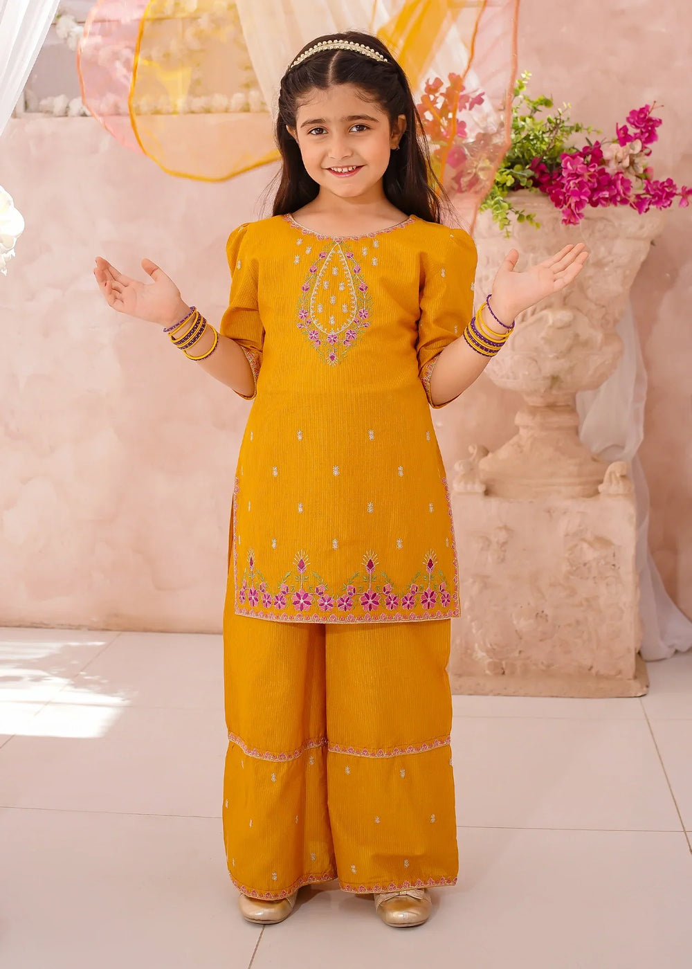 Modest Girls RTW Embroidered Cotton 3 Piece Suit Mustard Festive Collection