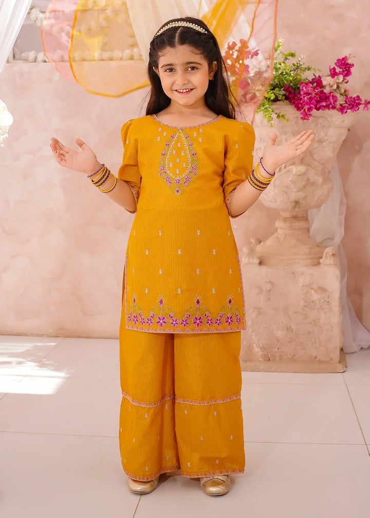 Modest Girls RTW Embroidered Cotton 3 Piece Suit Mustard Festive Collection