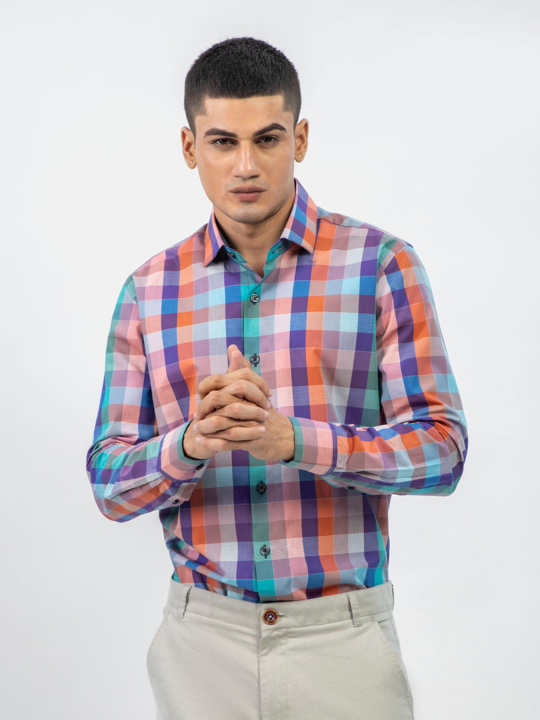 Brumano Ready To Wear Shirts Men 1 Piece Cotton Purple Multi Color Checkered Shirt 0-31-024-5075 - Summer Collection