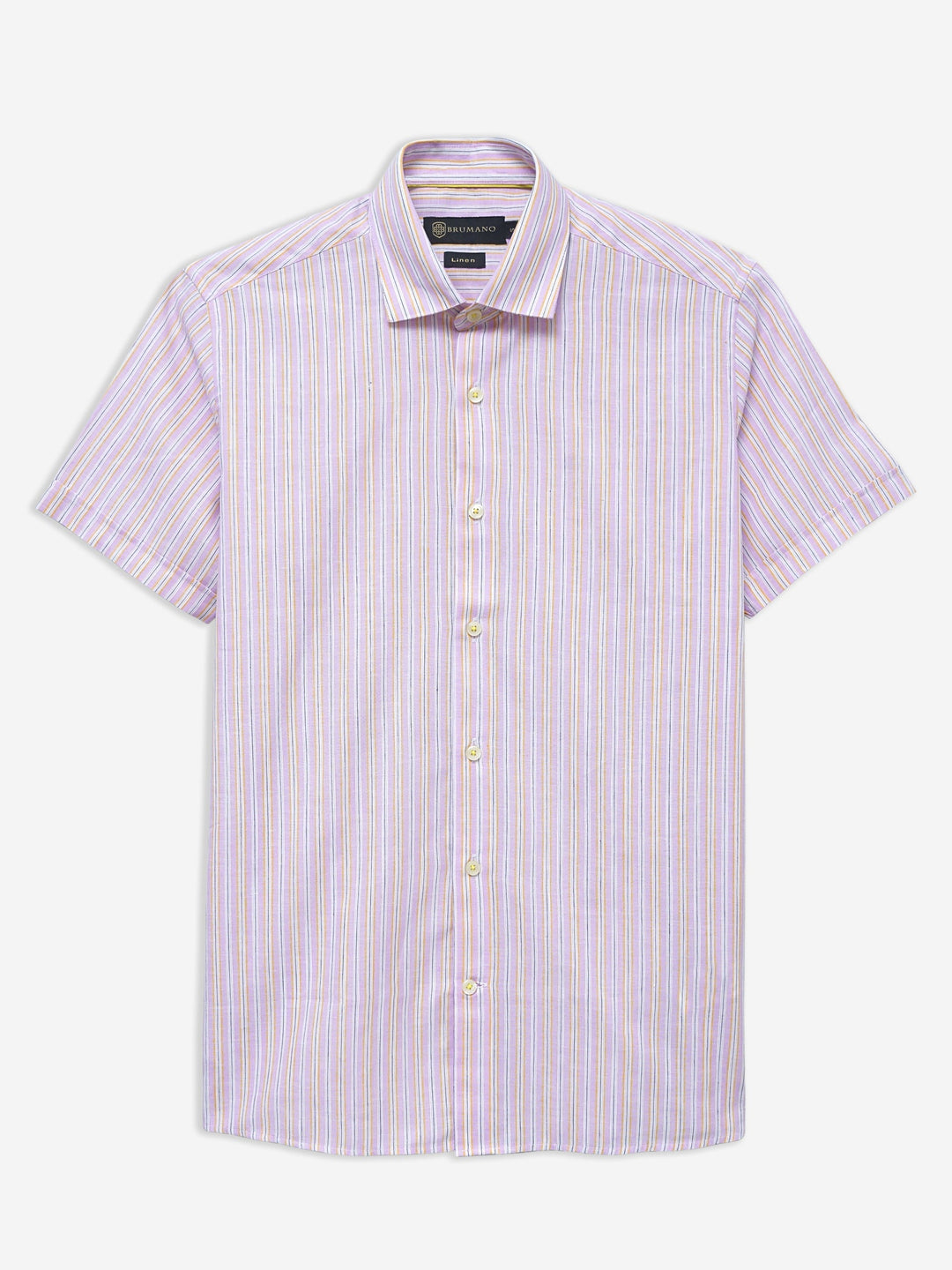 Brumano Mens RTW Solids Cotton Shirt Pink Striped Half Sleeve Casual Collection