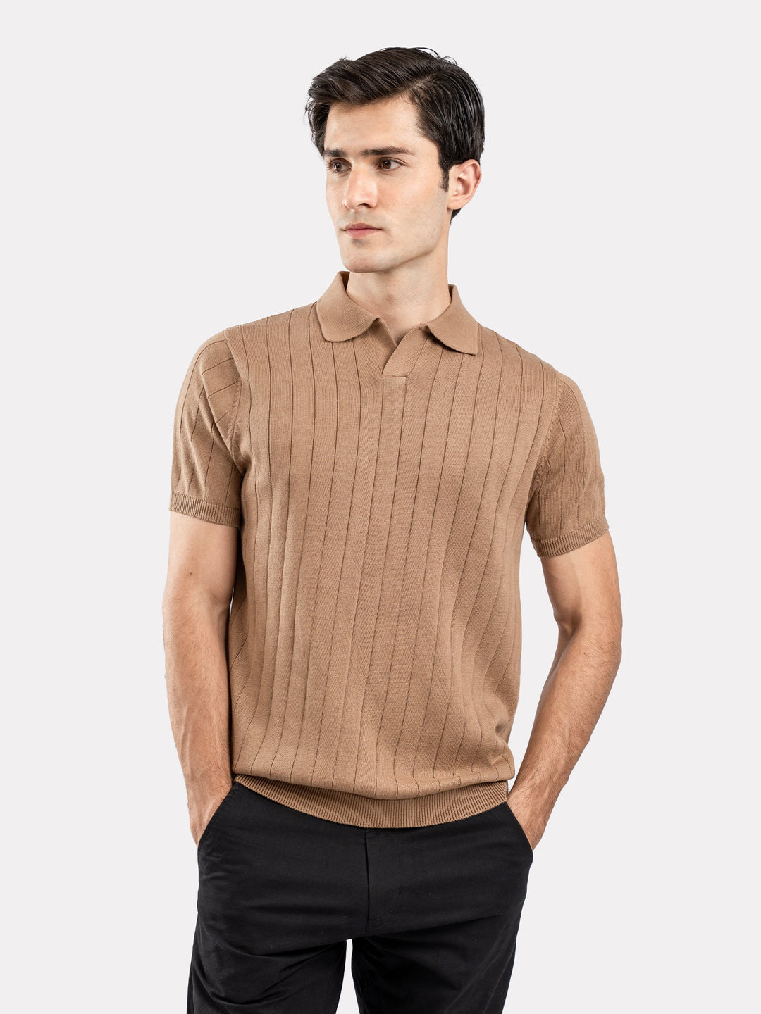 Brumano  Solids Cotton Polo Brown Drop Needle Flat Knit Polo