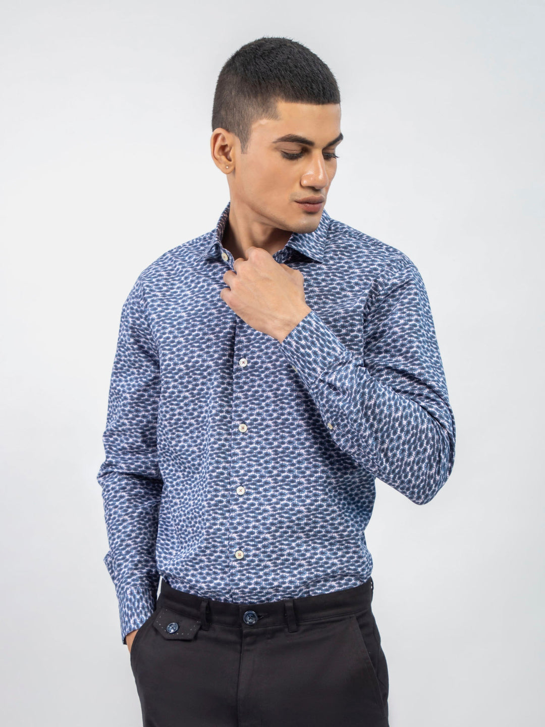 Brumano Ready To Wear Shirts Men 1 Piece Cotton Navy Blue Abstract Printed Shirt With Classic Collar 0-31-024-5095 - Summer Collection