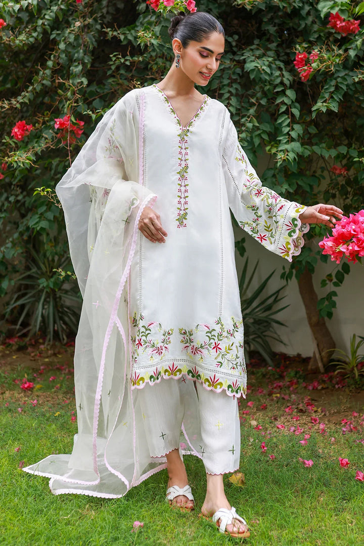 Nadia Khan Pret Embroidered Raw Silk 3 Piece Floral white