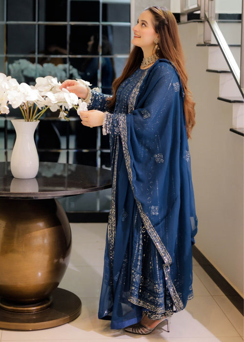Rang e Haseen by Abaan Zohan RTW Embroidered chiffon 3 Piece Suit Zeno Peacock - Festive Collection