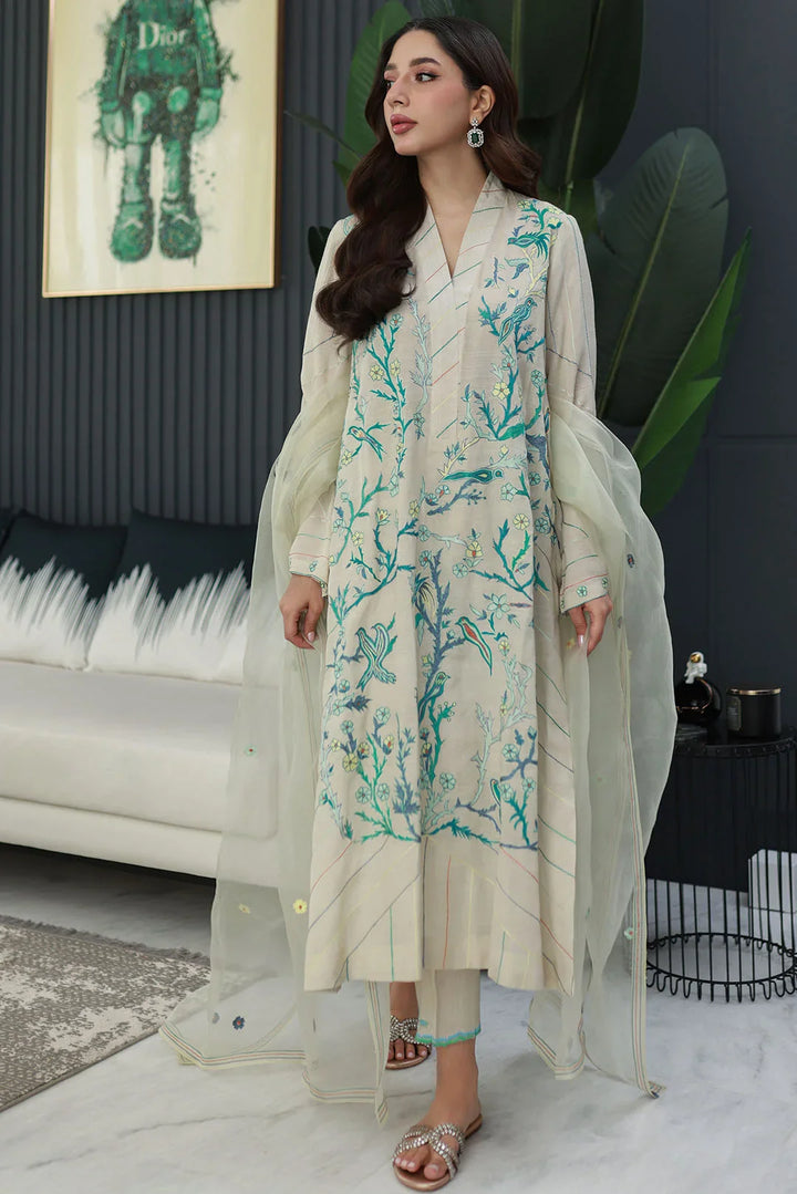 Nadia Khan Pret Embroidered Raw Silk 3 Piece Seashell White