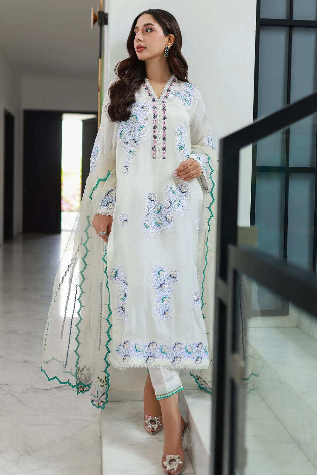 Nadia Khan Pret Embroidered Raw Silk 3 Piece Dove White