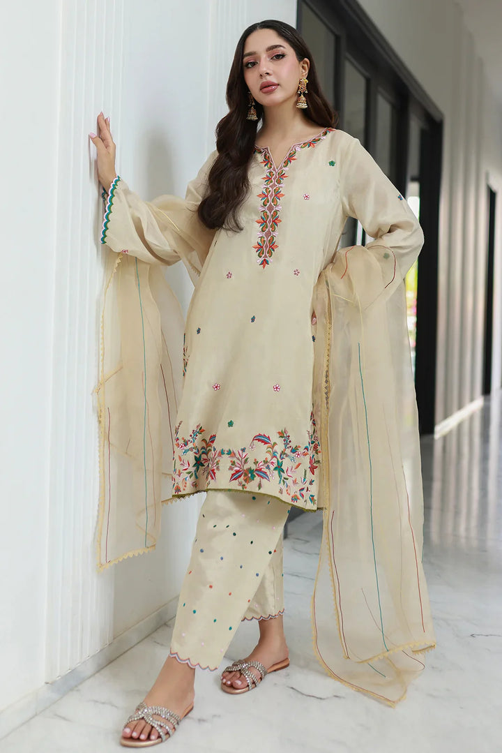 Nadia Khan Pret Embroidered Raw Silk 3 Piece Pastel Cream
