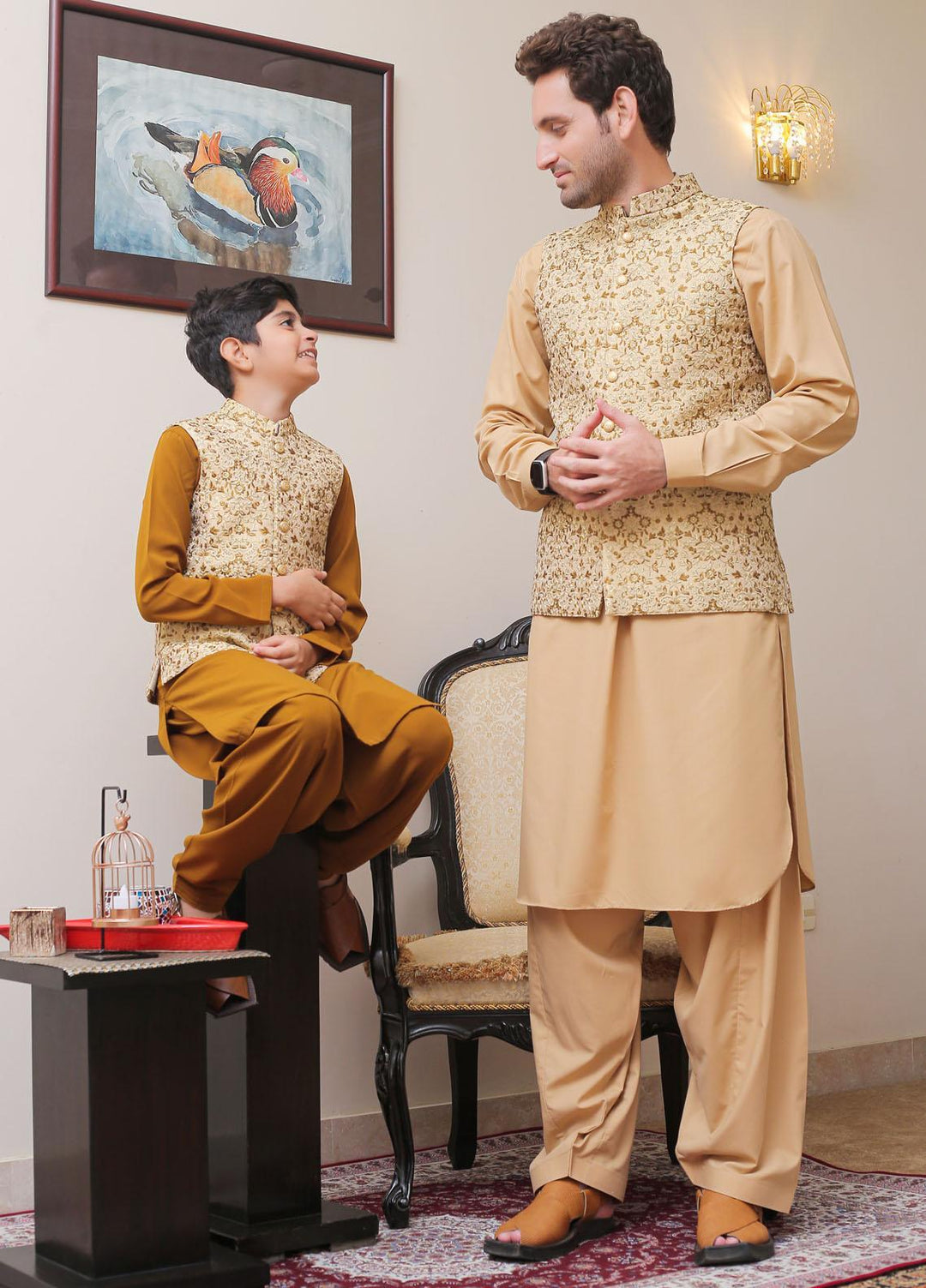 Real Image Jamawar Smart Fit Waistcoat for Kids -  OKW-002 Gold
