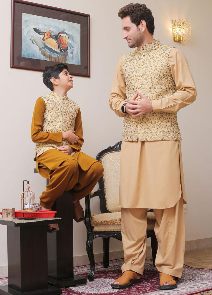 Real Image Jamawar Smart Fit Waistcoat for Kids -  OKW-002 Gold
