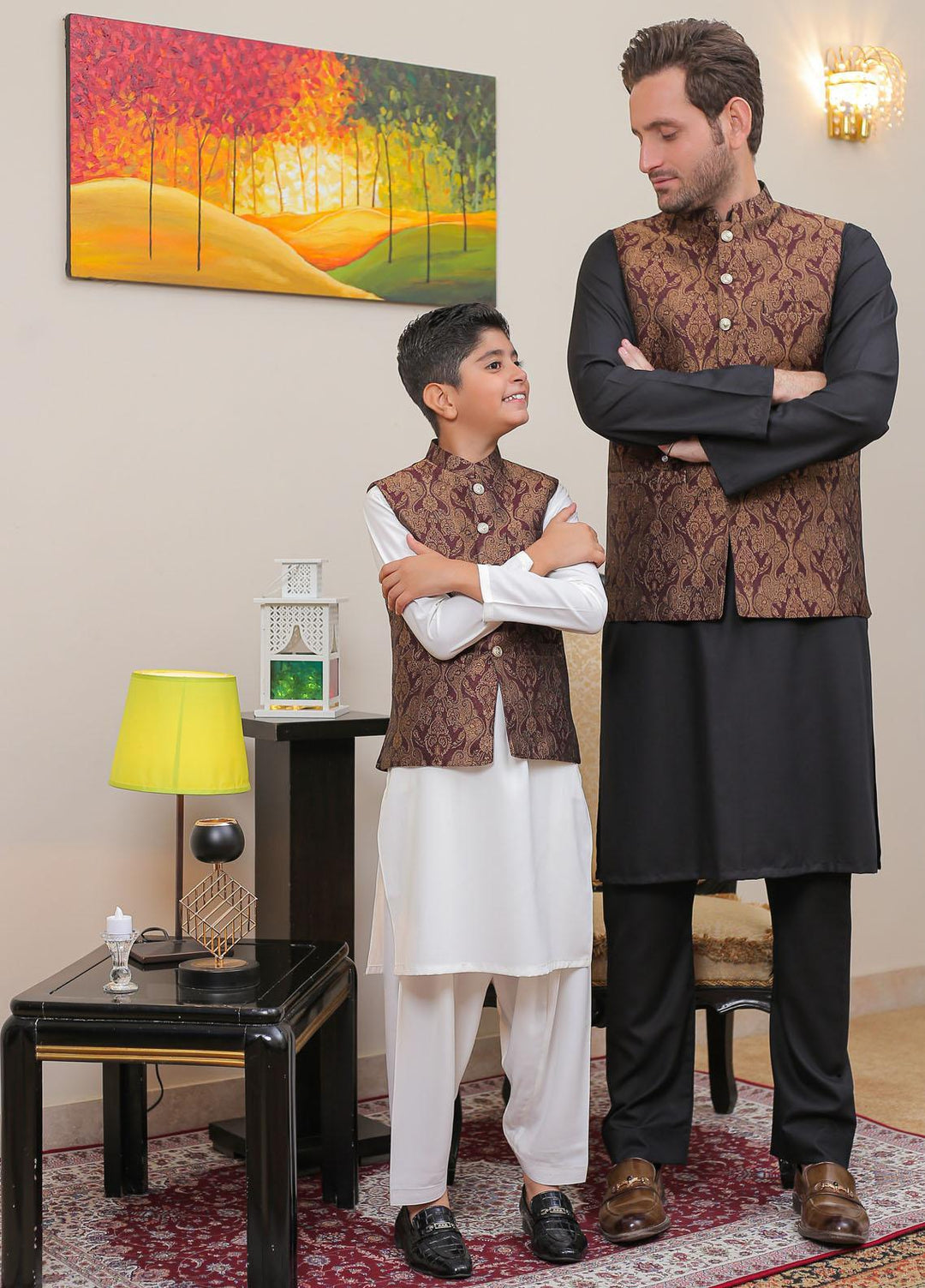 Real Image Jamawar Smart Fit Waistcoat for Kids -  OKW-020 Maroon Brn